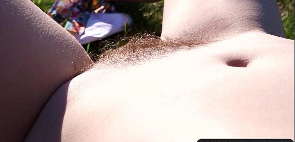  Girls Out West - Amateur cutie rubs her hairy twat outdoors